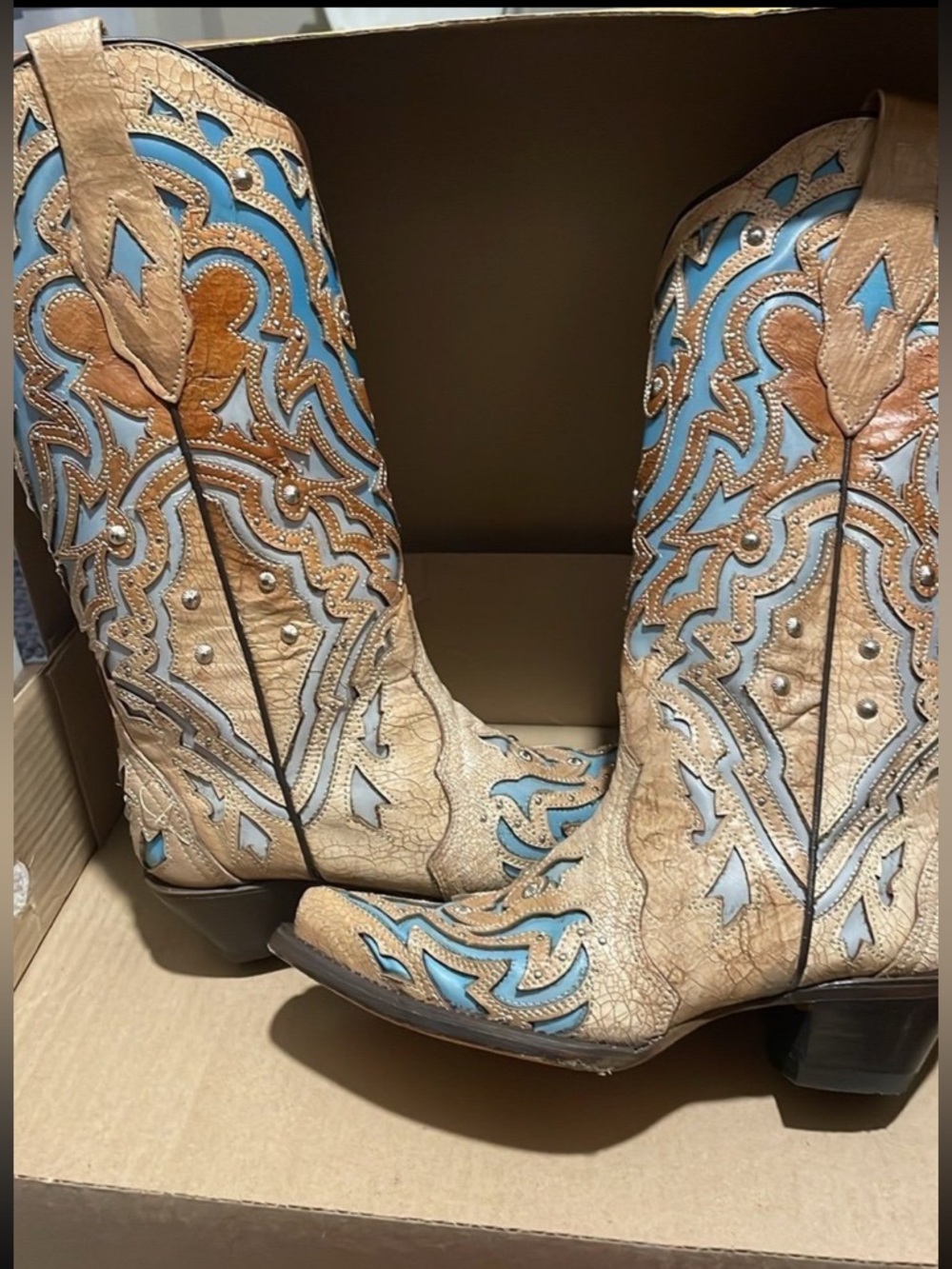 Corral Bone and Blue Inlay Studded Western Boots